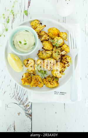 Roasted spiced cauliflower with yogurt sauce Stock Photo