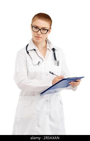 Young pretty female doctor in white uniform isolated on white background Stock Photo