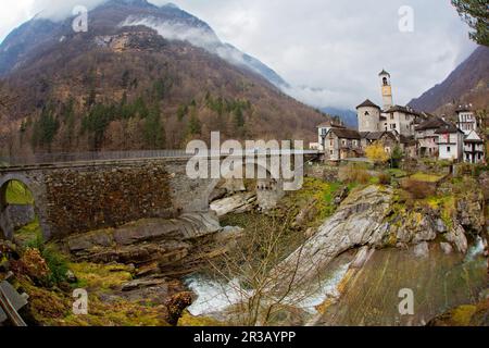 Lavertezzo Village in Valle Verzasca, swiss Alps, Switzerland Stock Photo