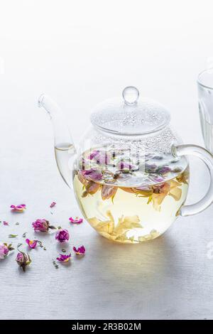 Freshly made tea from dried rose buds Stock Photo