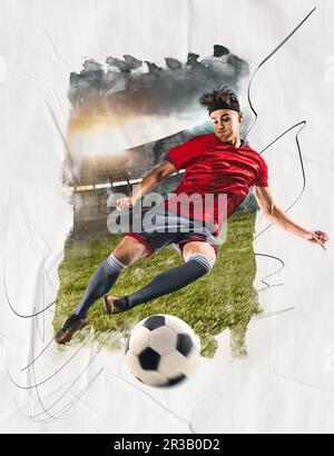 Art collage with soccer football player in uniform kicking the ball over field with green grass background. Scoring a goal. Concept of sport, team Stock Photo