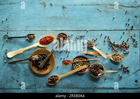 An arrangement of various types of peppers in bowls and on spoons Stock Photo