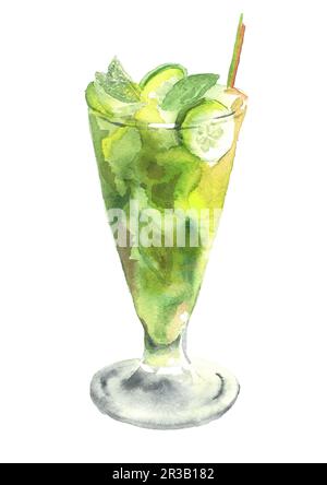 Glass of Mojito. Watercolor hand drawn illustration. Tropical green alcoholic cocktail witn rum, liq Stock Photo