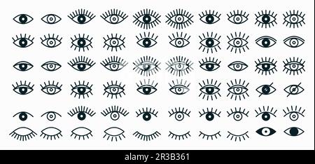 Vector Simple Flat Black and White Outline Eye Icons. Linear Open and Closed Eyes Images, Sleeping Eye Shapes with Eyelash, Supervision and Searching Stock Vector