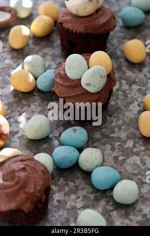 Chocolate cupcakes with mini chocolate eggs on a textured surface Stock Photo