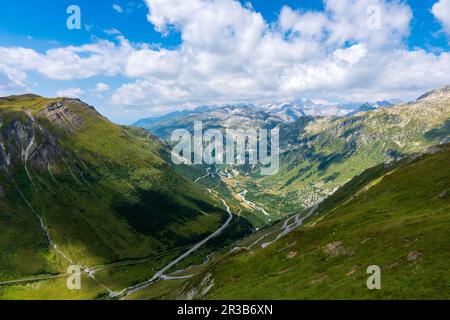 Winding pass road between Grimsel Pass and Furka Pass, Canton of Valais, Switzerland Stock Photo