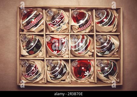 Big Set of Luxury Winterberry Glass Baubles. Retro styled image of vintage Christmas decoration in a Stock Photo