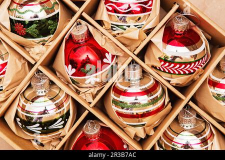 Big Set of Luxury Winterberry Glass Baubles. Retro styled image of vintage Christmas decoration in a Stock Photo