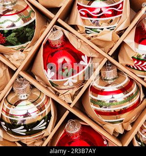 Big Set of Luxury Winterberry Glass Baubles. Retro styled image of vintage Christmas decoration in a Stock Photo