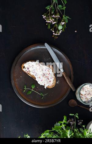 Hearty, vegan shea butter spread on bread with onion and apple Stock Photo