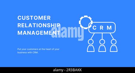 Customer Relationship Management Banner on Blue Background. Stylish CRM Banner with White Text and Icons for Business and Marketing Stock Vector