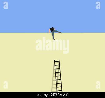 Illustration of man climbing over tall wall Stock Photo