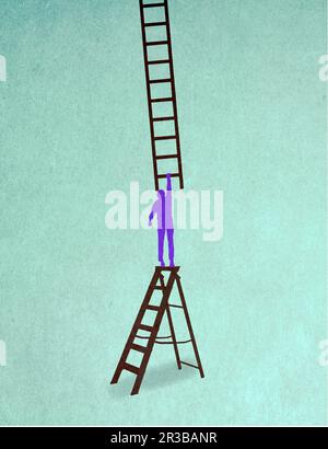 Illustration of man standing on step ladder reaching for another ladder Stock Photo