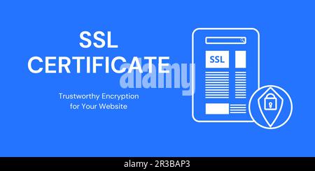 SSL Certificate Banner on Blue Background. Stylish Banner with White Text and Icons for Business and Marketing Stock Vector