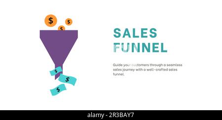 Sales Funnel Banner on Light Background. Stylish Banner with Blue and Black Text and Colored Icons for Business and Marketing Stock Vector