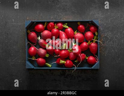 Radishes in a wooden crate Stock Photo