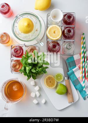 Classic iced tea and fruit iced tea with ingredients Stock Photo