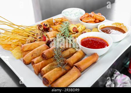 Spring Rolls and dip on a white plate Stock Photo