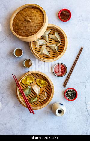Prawn dumplings and colourful pot stickers Stock Photo