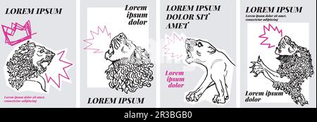 Graphic resources of four Mesopotamian inspired designs. Real illustrations of classic sculptures of lion heads for t-shirt prints, posters, stickers Stock Vector
