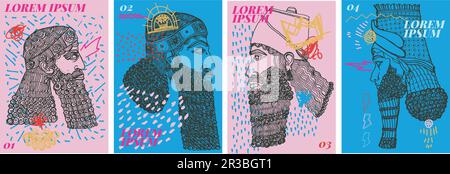 Graphic resource. Four contemporary poster designs. Illustrations of classic sculptures with doodles, fresh abstract shapes, fresh, fresh and fun. Des Stock Vector