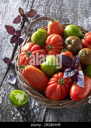 Various tomatoes with basil in a wicker basket Stock Photo