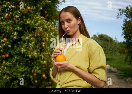 Woman drinking orange juice through reusable metal straw in orchard Stock Photo