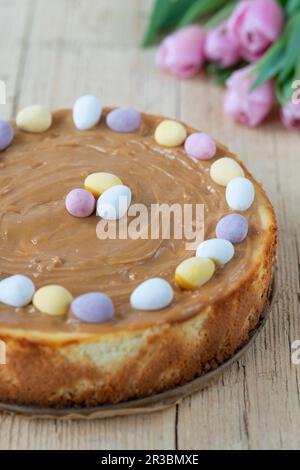 Cheescake decorated with chocolate eggs for easter Stock Photo