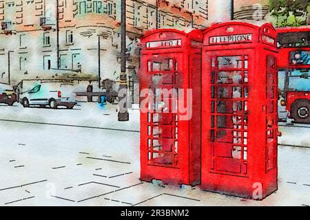 Watercolor illustration of Red telephone boxes, London UK Stock Photo