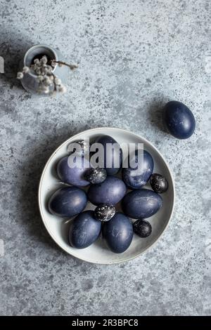 Blue Easter quail and chicken eggs Stock Photo