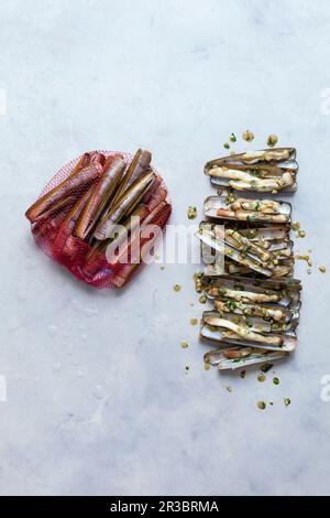 A top view of mussel shells and razor shells on a beach Stock Photo - Alamy