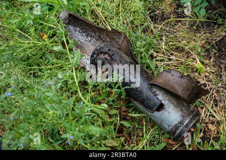 May 22, 2023, Kherson, Ukraine: Remnants of rocket which after the explosion creates lots of shrapnel to kill or injured people used by Russian forces against Ukraine collected by de-mining unit of National Guards of Ukraine ready for scrap removal seen in near Kherson in Ukraine. Members of unit painstakenly de-mining all fields and other liberated territories to make sure that people can live and work especially in agriculture without fear to be killed or injured by unexploded munition of landmines. (Credit Image: © Lev Radin/Pacific Press via ZUMA Press Wire) EDITORIAL USAGE ONLY! Not for C Stock Photo