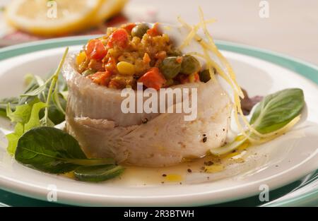 Trout fillet filled with vegetables Stock Photo