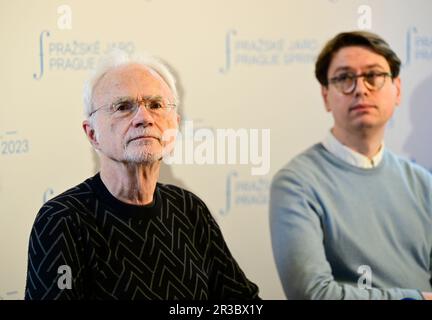 Prague, Czech Republic. 23rd May, 2023. Press briefing with Icelandic piano player Vikingur Olafsson (right) and American conductor John Adams within the international music festival Prague Spring in Prague, Czech Republic, May 23, 2023. Credit: Roman Vondrous/CTK Photo/Alamy Live News Stock Photo