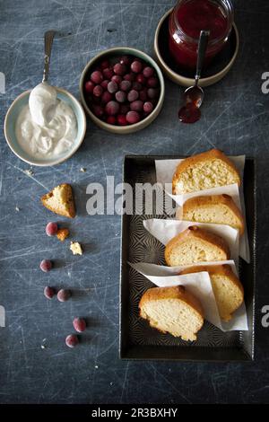 Yogurt cake with various toppings Stock Photo