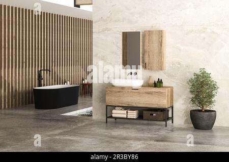 Bright bathroom interior with concrete floor, two black bathtubs and a white sink, interior pool, plant, marble wall, side view. Minimalist bathroom w Stock Photo