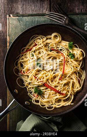 Spaghetti with chilli pepper aglio olio e peperoncino Stock Photo
