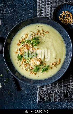 Cauliflower and Brussels Sprout Soup with pine nuts and cress micro greens Stock Photo