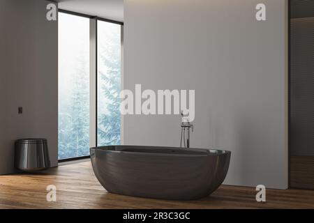 https://l450v.alamy.com/450v/2r3c3gc/side-view-on-dark-bathroom-interior-with-bathtub-panoramic-window-in-reflection-grey-walls-and-parquet-floor-3d-rendering-2r3c3gc.jpg