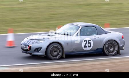 Nigel and Catherine Brain in their Mazda MX5 during the 2023 Snetterton Stage Rally, Norfolk, UK. Stock Photo