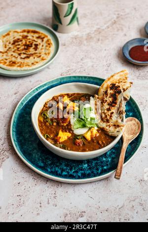 Lentil dahl with paneer, spinach and paratha Stock Photo