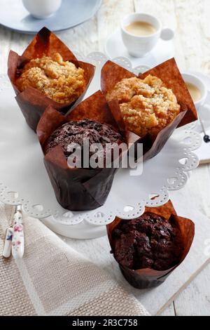 Vegan muffins – chocolate muffins and crumble muffins Stock Photo