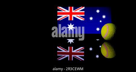 Yellow Tennis Ball on black mirror with Australian Flag in the background Stock Photo