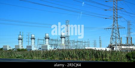 A view of a substation power plant. Stock Photo