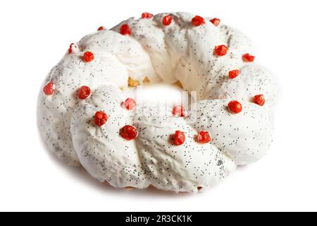 White Christmas cake with fruits and nuts. Fruit cake isolated on white background. Christmas baking Stock Photo
