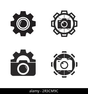 photography camera logo icon vector design template isolated on black background Stock Vector
