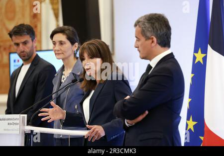 Paris, France. 23rd May, 2023. Paris Mayor Anne Hidalgo (2nd R) addresses the press conference during the signing of the protocol for the opening ceremony of the Paris 2024 Summer Olympic and Paralympic Games in Paris, France, May 23, 2023. Credit: Gao Jing/Xinhua/Alamy Live News Stock Photo