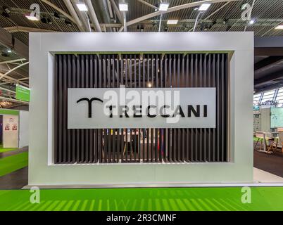 Turin, Italy - May 22, 2023: Traccani logo on the booth at the 35th Turin International Book Fair. Treccani is famous encyclopedia publisher Stock Photo