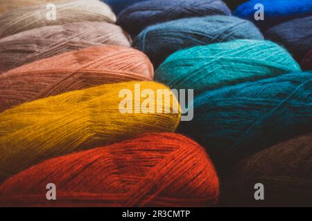 Large selection of sewing threads in different colors Stock Photo