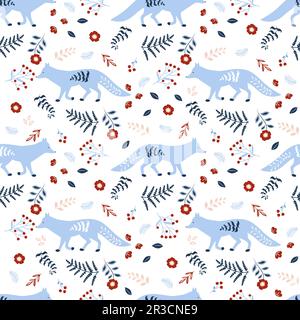 Winter seamless pattern. Christmas seamless pattern with foxes, winter branches, berries and flowers Stock Vector